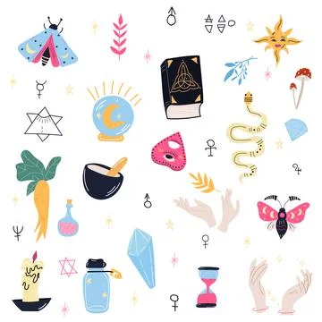 Magic objects in cartoon style on a white background.Design of witch magic 스톡 일러스트