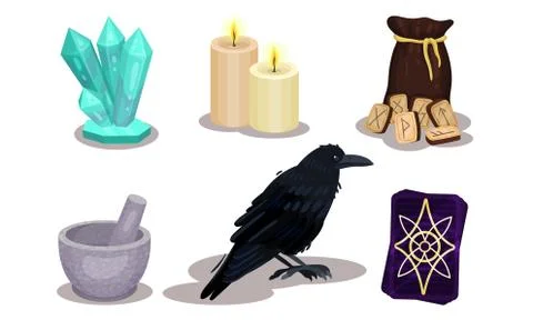 Magic Objects Collection, Witchcraft Symbols, Raven, Mortar and Pestle, Candles Stock Illustration