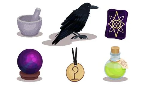 Magic Objects Collection, Witchcraft Symbols, Raven, Mortar and Pestle, Amulet Illustrazione stock