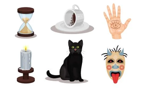 Magic Objects Collection, Witchcraft Symbols, Hourglass, Palm with Seeing Eye 스톡 일러스트
