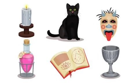 Magic Objects Collection, Wizardry and Witchcraft Symbols, Book, Flask of Potion Stock Illustration