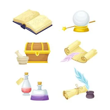Magic objects set. Book, glass ball, bottles of potion, chest, paper scroll イラスト素材