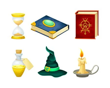 Magic objects set. Book, hourglass, with hat, chest, burning candle vector 스톡 일러스트