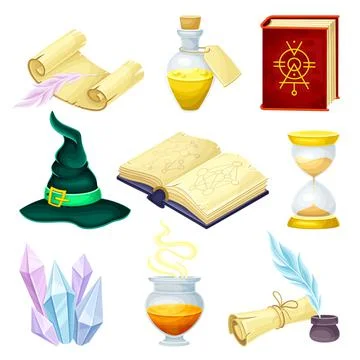 Magic objects set. Glass bottle with potion, witch hat, book, crystal, paper イラスト素材