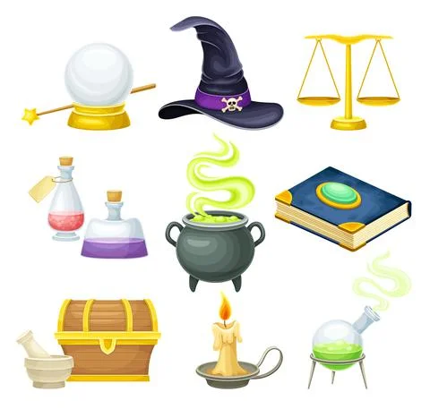 Magic objects set. Magic wand, glass ball, cauldron with bubbling potion, book Illustrazione stock