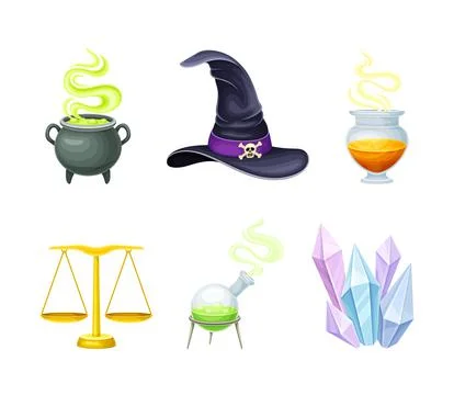 Magic objects set. Witch hat, cauldron with bubbling potion, scales vector Illustrazione stock