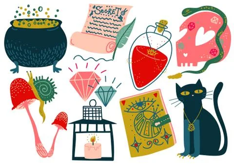 Magic Objects Set, Witch Mystery Symbols , Magic Show Equipment Vector 스톡 일러스트
