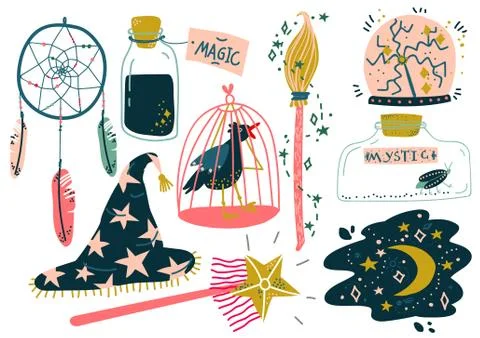Magic Objects Set, Witchcraft Attributes, Magic Show Equipment Vector 스톡 일러스트