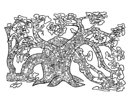 Magic old Tree zen tangle and doodle. Stock Illustration