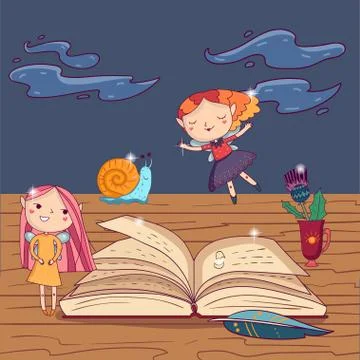 Magic open book, quill pen and cup with flower on wooden table. Fantasy Stock Illustration