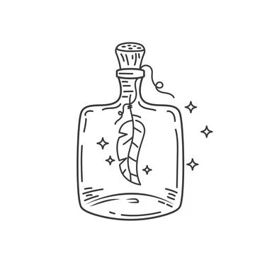 Magic or boho feathers tied and hung in old bottle line vector illustration.. Stock Illustration