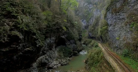 Magic panorama view with forest and autumn trees in Guam gorge "Guamka" 스톡 동영상 100087187