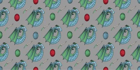 Magic pattern with dragons. Blue dragon. vector illustration Stock Illustration