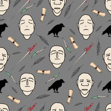 Magic pattern with faces, scroll and black raven. vector illustration. hallow Stock Illustration