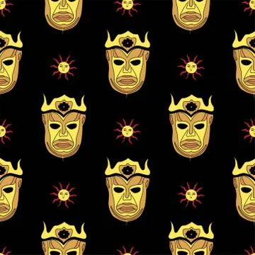 Magic pattern. Sun God. Harpy children. Gold mask on a black background Stock Illustration