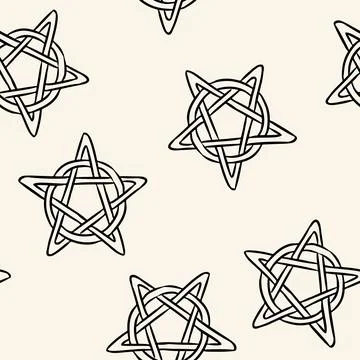 Magic pentagrams comic style doodles top view seamless pattern. Cozy wiccan p Stock Illustration