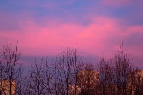 Magic pink clouds before sunset over the city. Stock Photos