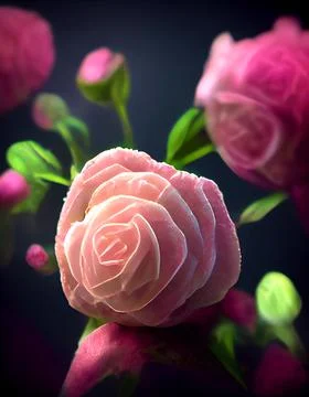 Magic pink roses close-up with a blurred flowers on the dark background. Stock Illustration