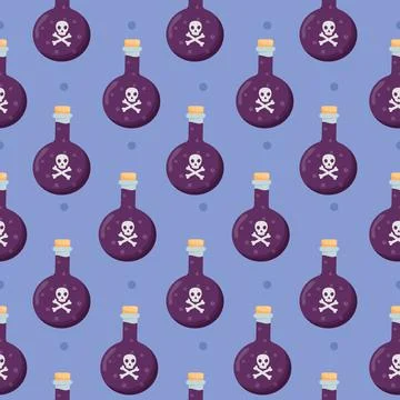 Magic poison bottle seamless pattern. Bottle with death mark Stock Illustration