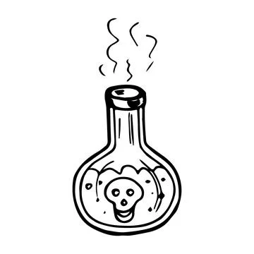 Magic poisonous potion in a flask with a skull. Witchcraft witch item. Hand Stock Illustration