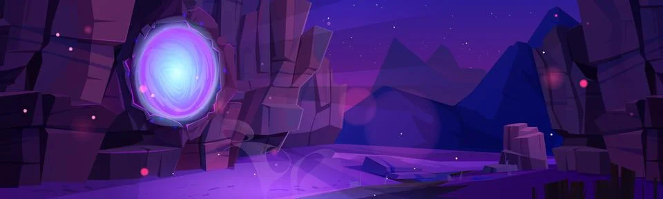 Magic portal on rock wall with mystic purple glow Stock Illustration