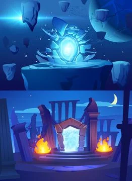 Magic portals in different worlds flat style, vector illustration Stock Illustration