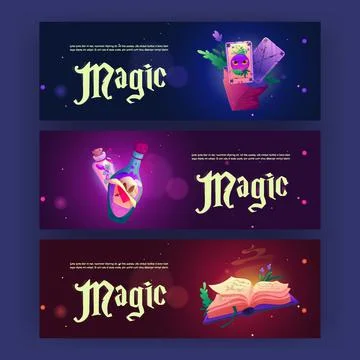 Magic posters with elixir, cards and book of spell Stock Illustration