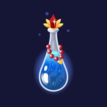 Magic potion. Blue liquid in bottle, elixir mystery poison drink. Red gemston Stock Illustration