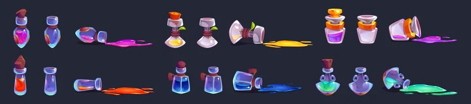 Magic potion bottle animation with spill vector Illustrazione stock