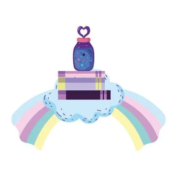 Magic potion bottle with books in rainbow Illustrazione stock