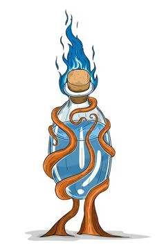 Magic potion bottle with fire and leaves elements Illustrazione stock