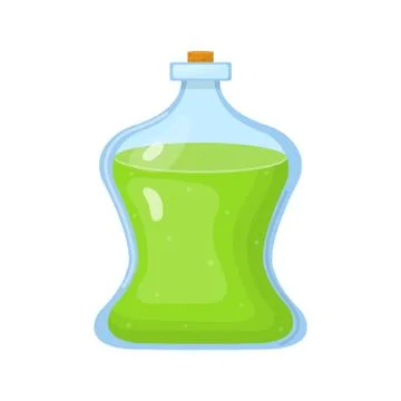 Magic potion in bottle with green liquid isolated on white background. Chemic Stock Illustration