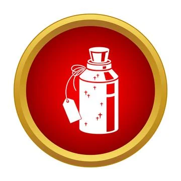 Magic potion bottle icon with tag on red background Stock Illustration
