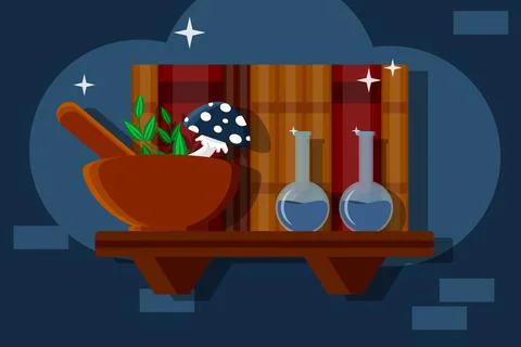 Magic Potion Bottle with Ingredients and Spell book Stock-Illustration