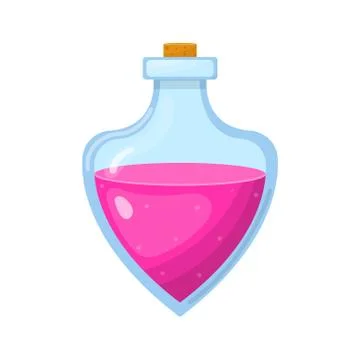Magic potion in bottle with pink liquid isolated on white background. Cartoon Stock Illustration