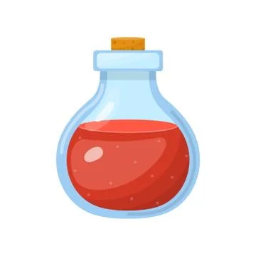 Magic potion in bottle with red liquid isolated on white background. Chemical Stock Illustration