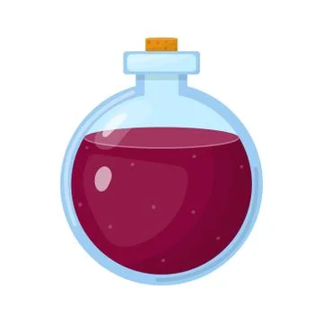 Magic potion in bottle with vinous liquid isolated on white background. Chemi Illustrazione stock