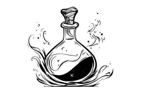 Magic potion in bottle vintage vector sketch. Science elixir in beaker. Stock Illustration