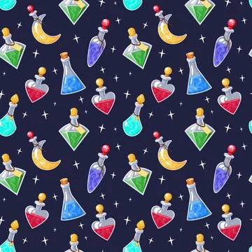 Magic potion bottles. Love elixir pattern. Halloween or holiday celebration d Stock Illustration