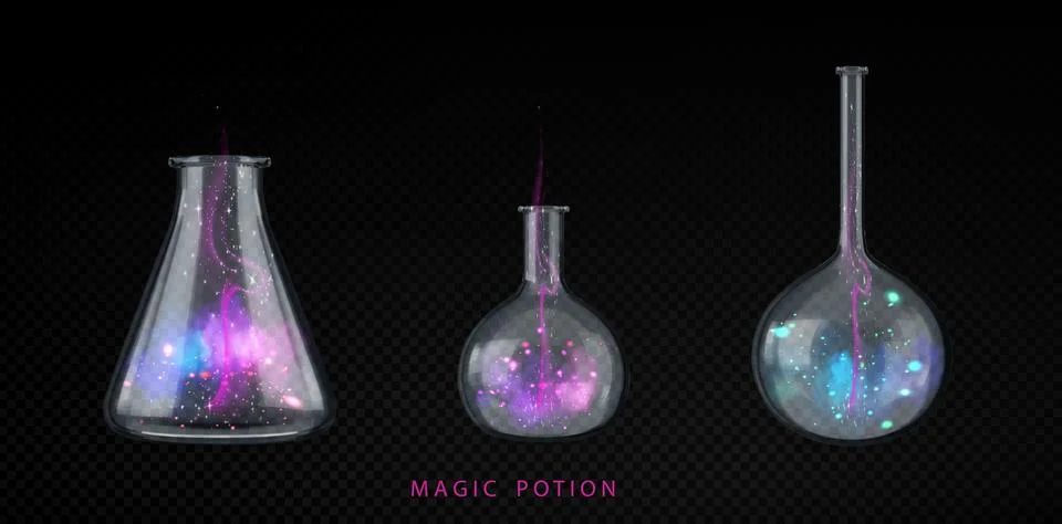 Magic potion bottles set on transparent background Ilustração Stock