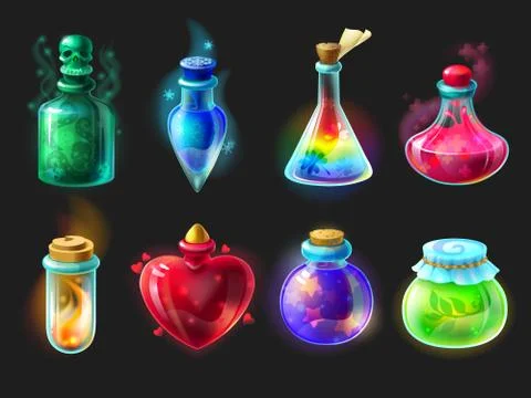 Magic potion. Cartoon game interface elements, alchemist bottles with elixir 스톡 일러스트