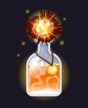 Magic potion. Elixir bottle. Fire explosion. Glass vial. Danger explosive Stock Illustration