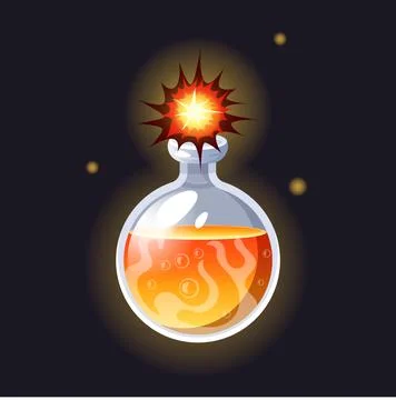Magic potion. Elixir bottle. Fire explosion. Glass vial. Danger explosive sub Illustrazione stock