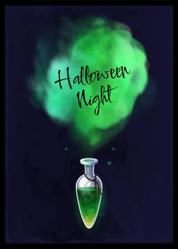 Magic potion. Elixir bottle. Halloween holiday. Mystery green liquid. Magical Stock Illustration