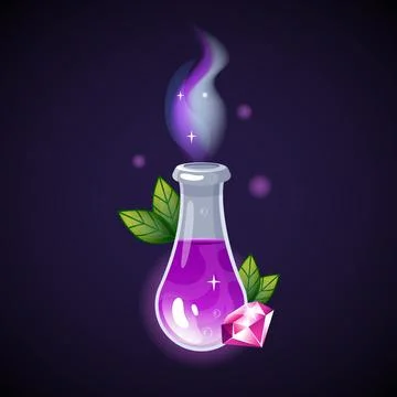 Magic potion. Elixir bottle. Mystery purple liquid. Leaves and shiny diamond. Stock Illustration