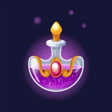 Magic potion. Elixir bottle. Mystery purple liquid. Magical poison. Glass vial Stock Illustration