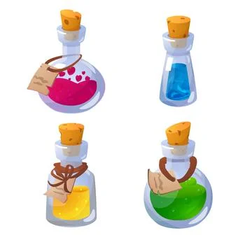 Magic potion glass bottles vector set, different shapes and fillings flasks with Stock Illustration