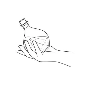 Magic potion in hand. Vector linear illustration isolated on white background Illustrazione stock