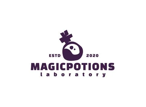 Magic potion logo. purple bottle potion with fluid logo Stock Illustration