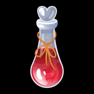 Magic potion. Love elixir bottle. Poison drink. Glass vial with heart cork Stock Illustration
